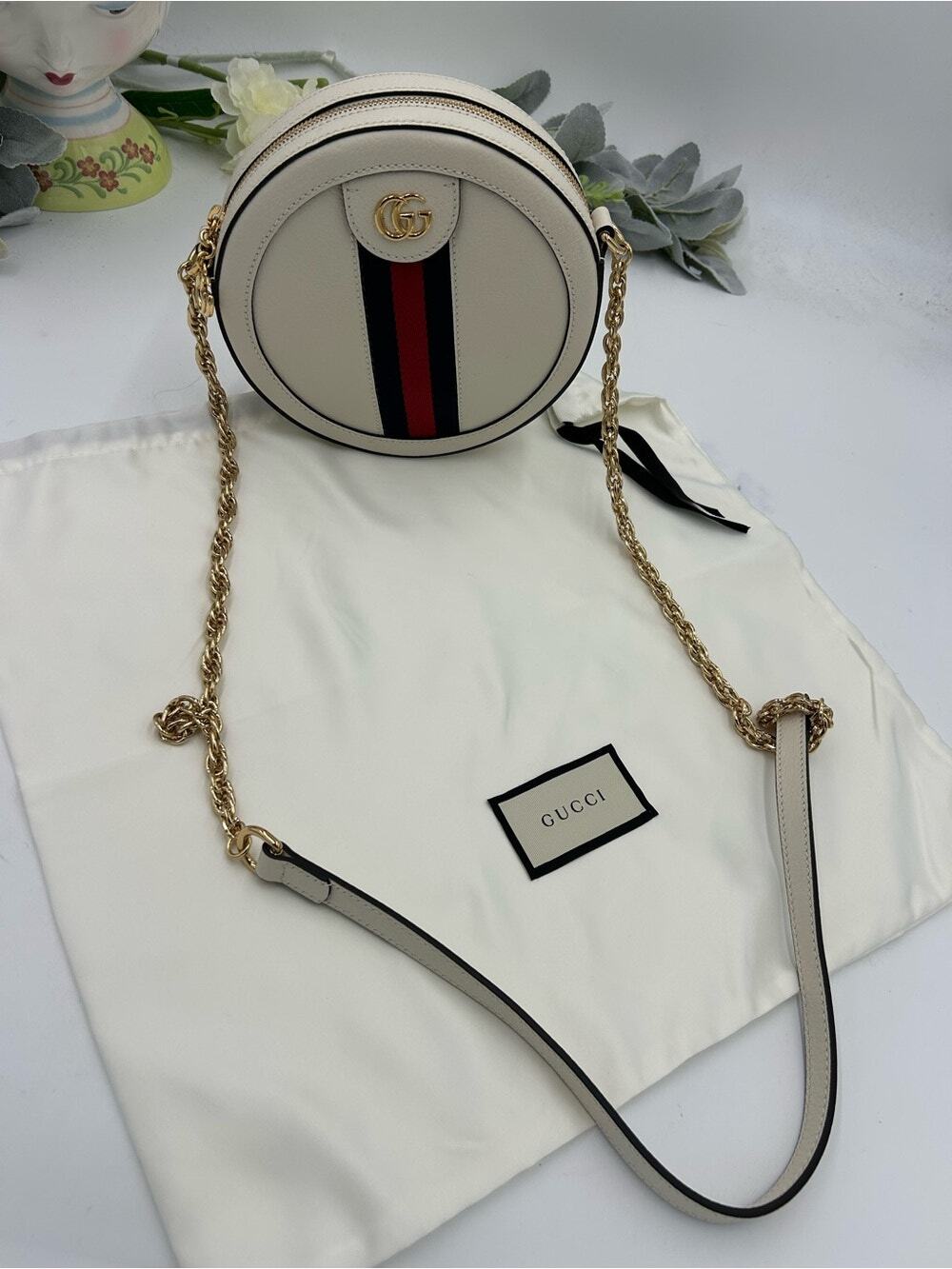 Women's Gucci mini round calf skin Leather web stripe shoulder Bag made in Italy